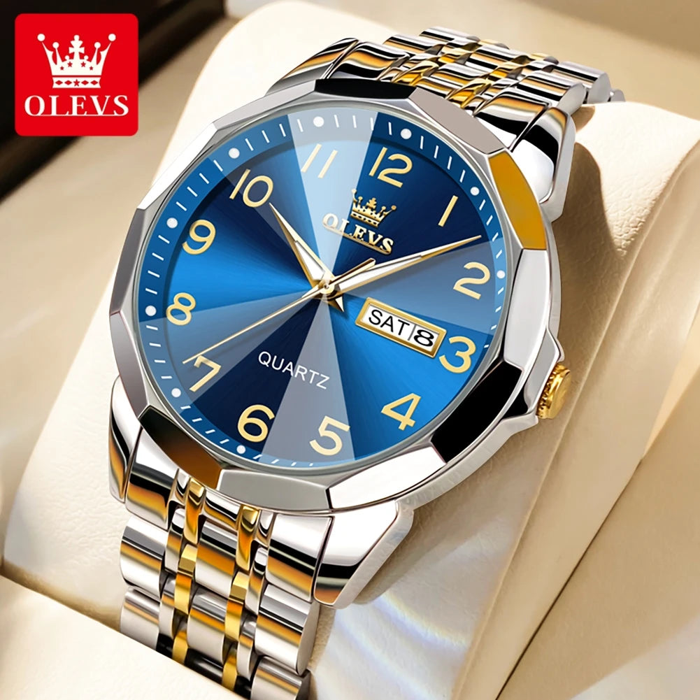 OLEVS 9970 Paar-Armbanduhr für Herren und Damen, luxuriöses Zifferblatt, Rhombus-Spiegel, Quarz-Handuhr, Edelstahl, originale Kleideruhren