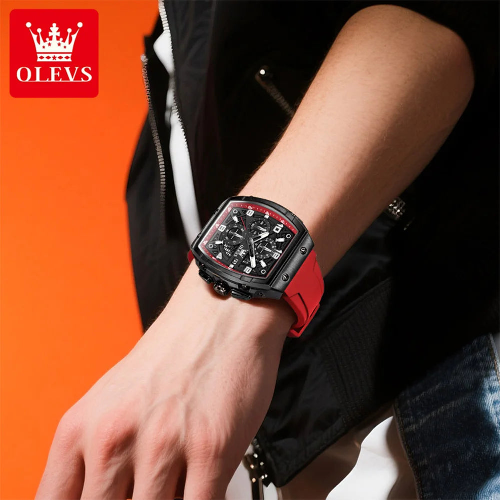 OLEVS 2976 Herrenuhr Chronograph Datum Quarzuhr für Herren Ziffernskala Tonneau Großes Zifferblatt Wasserdichtes Silikonarmband Armbanduhr