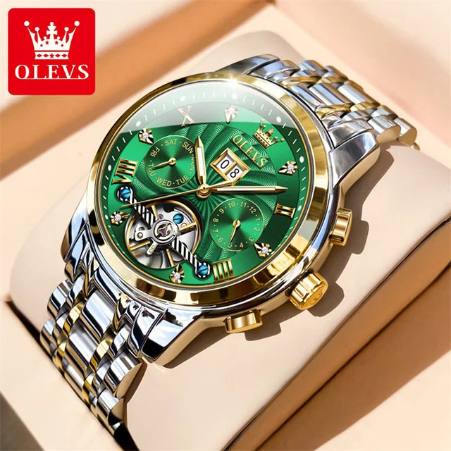 OLEVS 9910 Automatikuhr für Herren, mechanische Herrenarmbanduhr, luxuriöse Skelettuhr aus Edelstahl, wasserdicht, Original Herrenuhr
