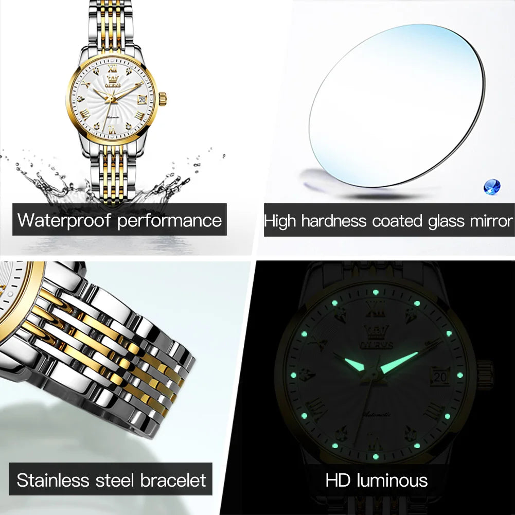 OLEVS 6630 Damenuhr Luxus Elegant Diamant Mechanische Damenuhren Wasserdicht Römische Skala Top-Marke Damen Handuhr