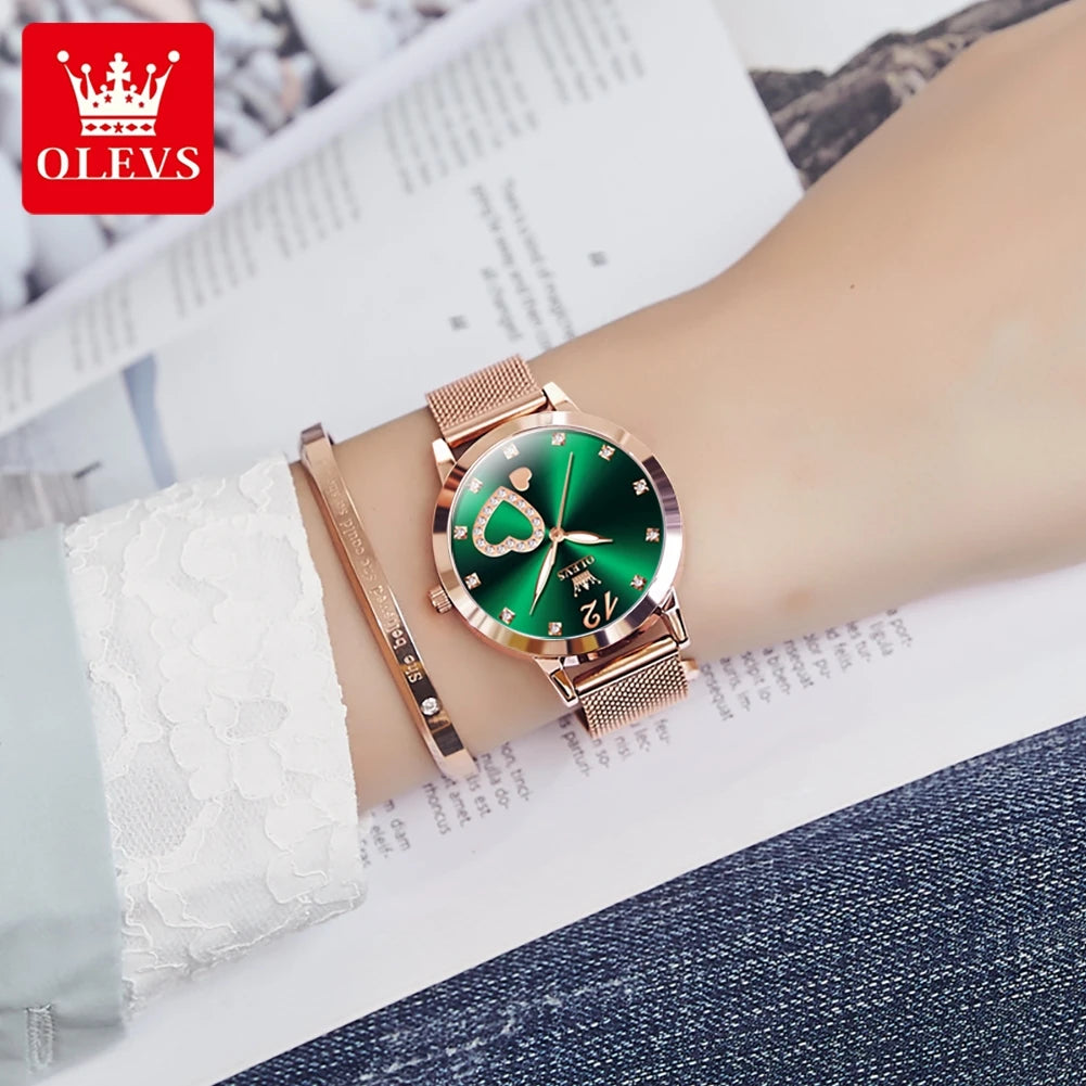OLEVS 5189 Damenuhr Luxus Ultr dünne Quarzuhr Damen Mesh-Stahlarmband Herzförmiges Zifferblatt Wasserdichte Damenuhr