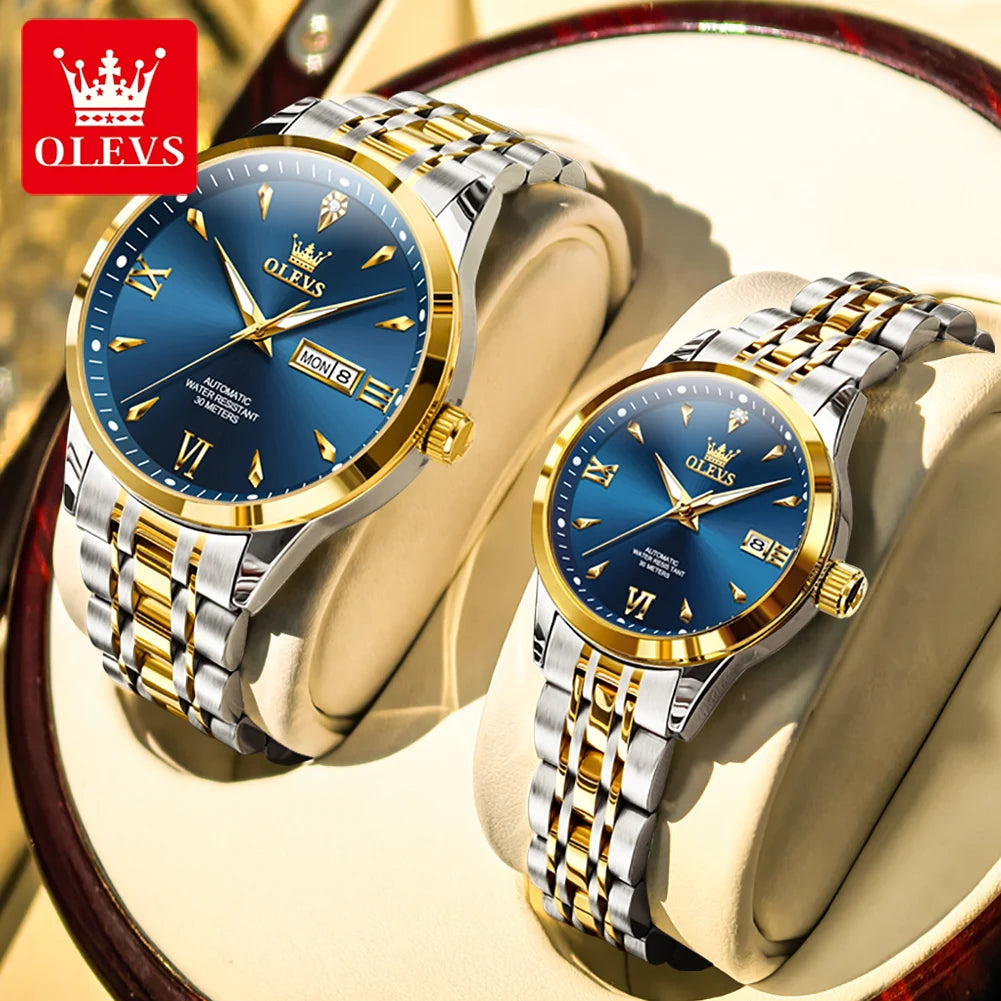 OLEVS 9956 Uhren für Paare Automatische Mechanische Uhren Dual-Kalender Original Edelstahl Zeigeruhr Wasserdicht 9956
