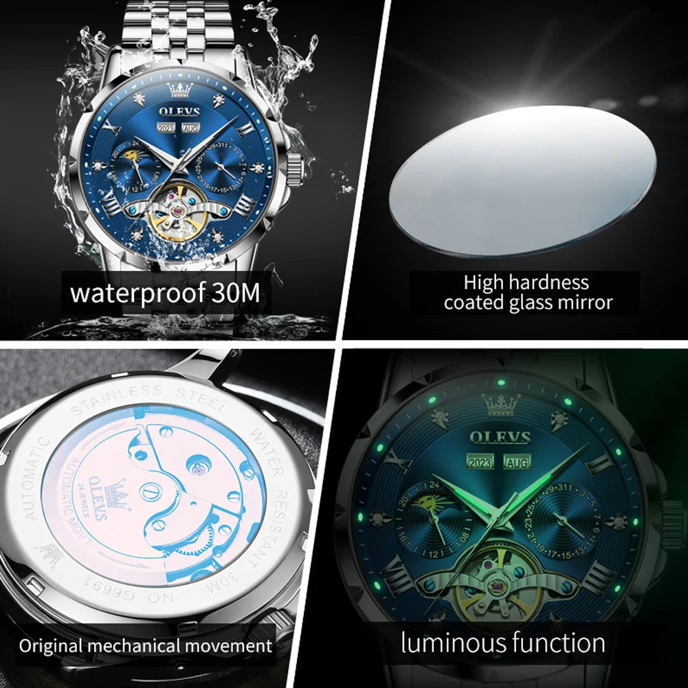 OLEVS 6691 Herrenuhren Luxus Römische Skala Mechanische Uhr für Herren Moonswatch Hohl Schwungrad Kalender Wasserdichte Armbanduhr