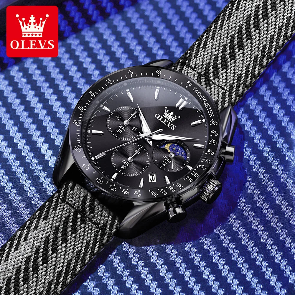 OLEVS 3630 Quartz Man Watch Date Chronograph 24 Hour Moon Phase Waterproof Watch For Men Fashion Nylon Strap Original Hand Clock