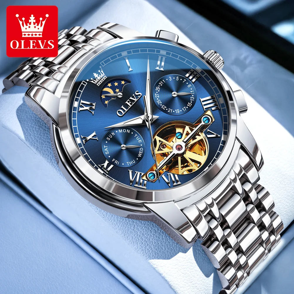 OLEVS Herrenuhren Mondphase Luxus-Edelstahl-Schwungrad Mechanische Handuhr Datum Wasserdicht Leuchtende Herrenuhr 6617