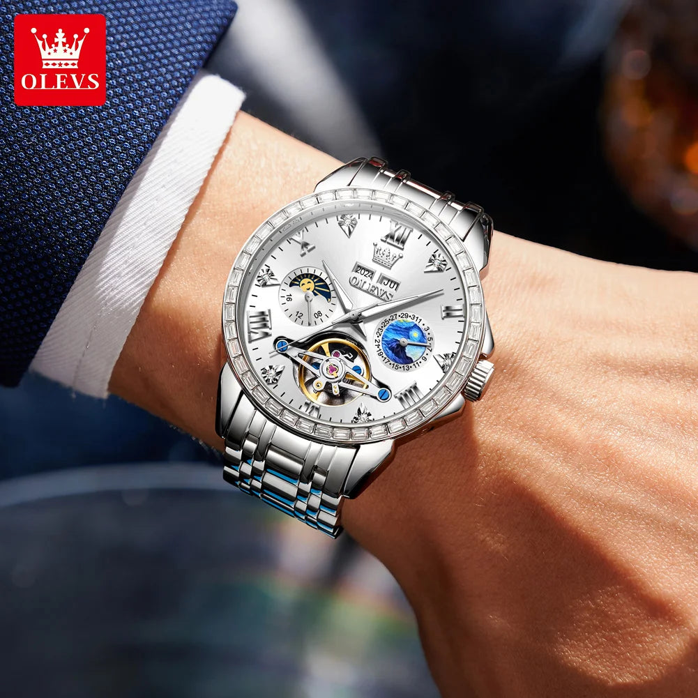 OLEVS Luxus Diamant Skelett Tourbillon Automatik Mechanische Uhr Herren Sternenhimmel Zifferblatt Mondphase Edelstahl Herrenuhr