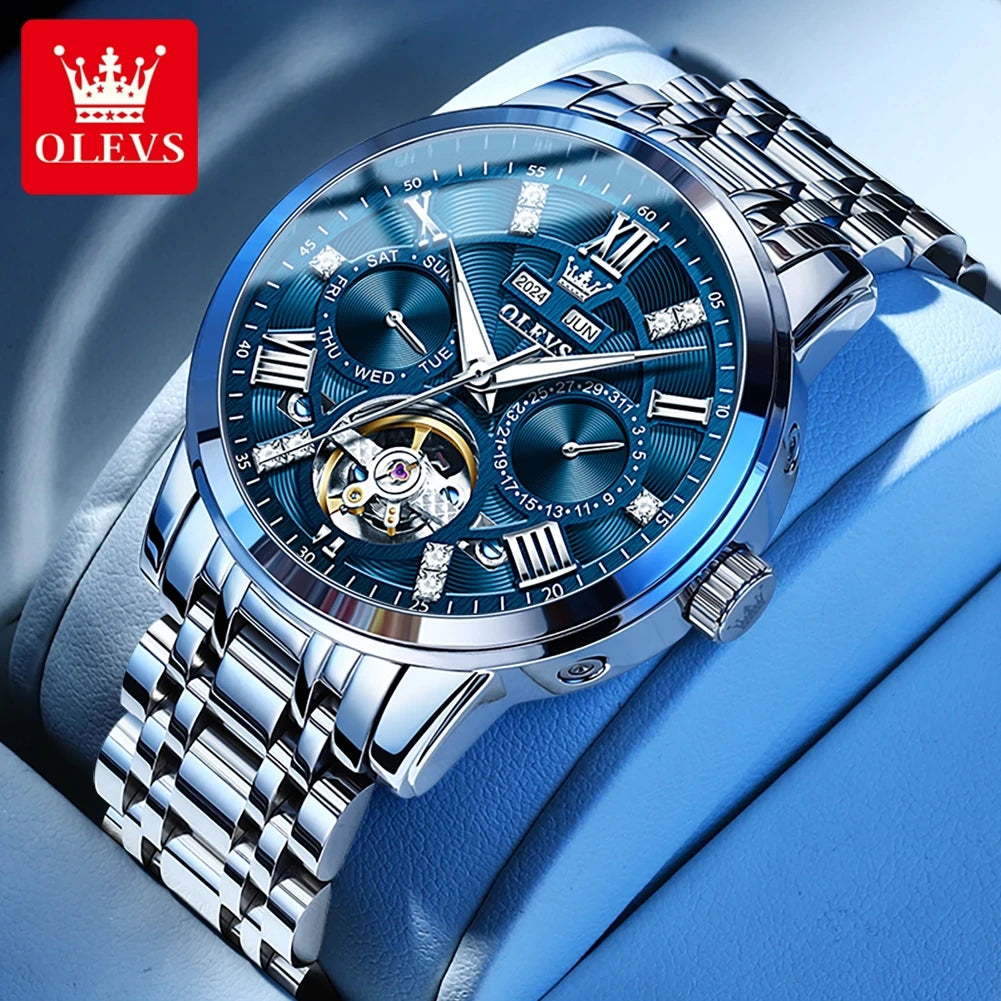 OLEVS 6701 Herrenuhren Top Marke Original Automatische Datumsanzeige Mechanische Uhr für Herren Hohl Wasserdicht Edelstahl Männliche Armbanduhr