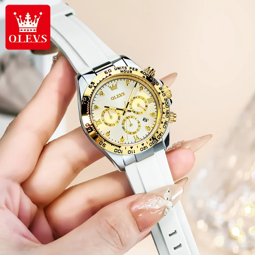 OLEVS 5618 Damenarmbanduhren Mode Kalender Quarzuhr für Damen Luxus Chronograph Wasserdichtes Silikonarmband Damenuhr