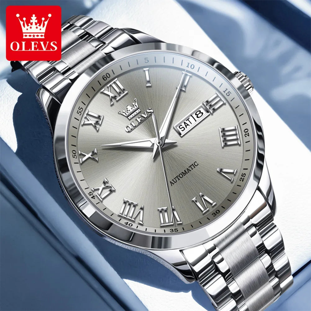 OLEVS 7075 Uhren für Herren Luxus Original Mechanische Uhr für Herren Wochenkalender Wasserdicht Automatische Armbanduhr Edelstahlarmband