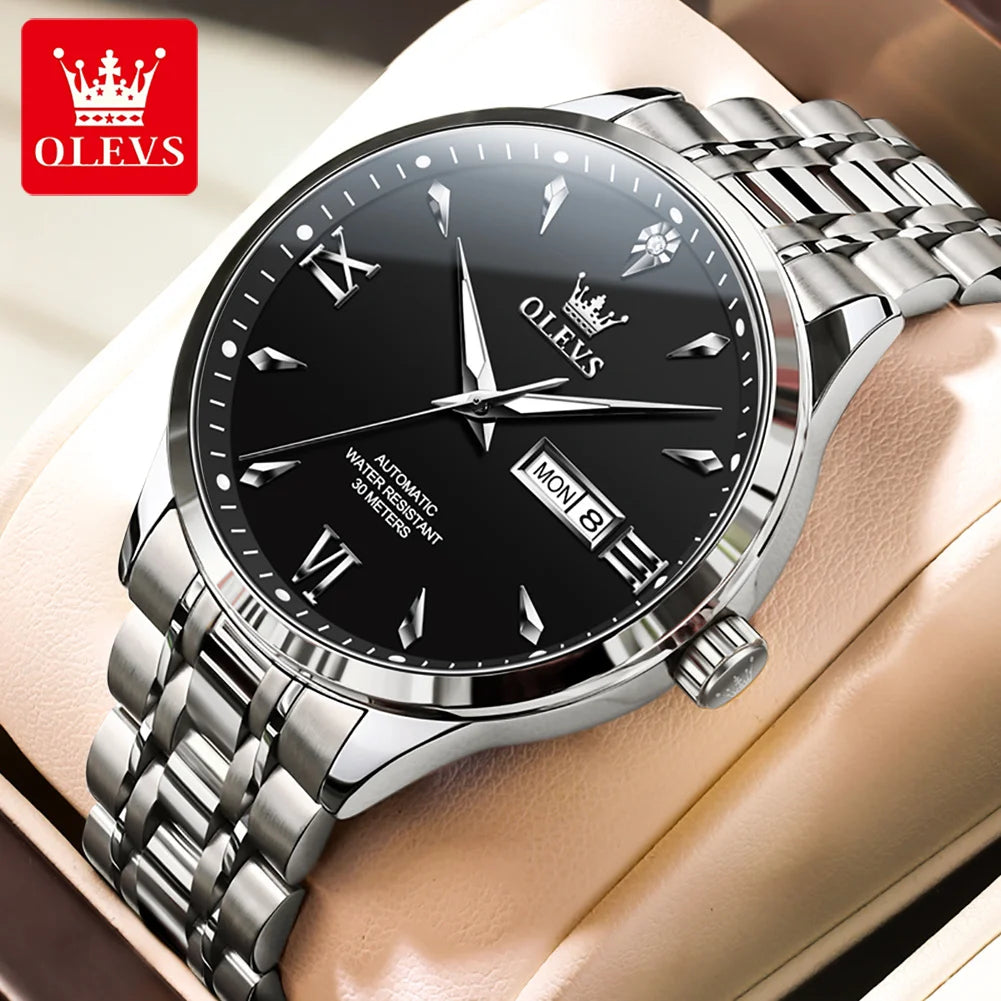OLEVS 9956 Herrenuhr Stahlarmband Luxus Automatikuhr für Herren Original Mode Wasserdicht Mechanische Uhr Doppelkalender