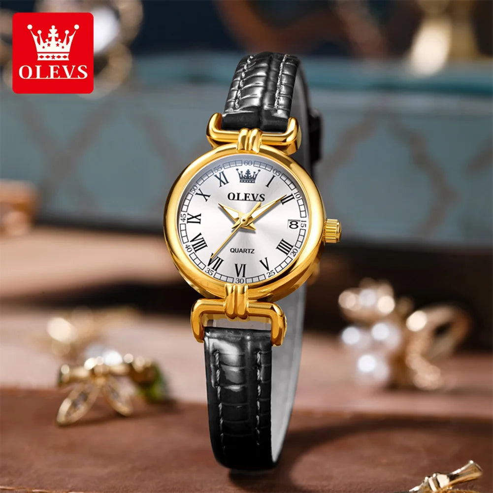 OLEVS 5645 Damenuhr Lederarmband Datum Quarzuhr für Damen Hochfeste Spiegelskala im römischen Stil Mode Damenuhr