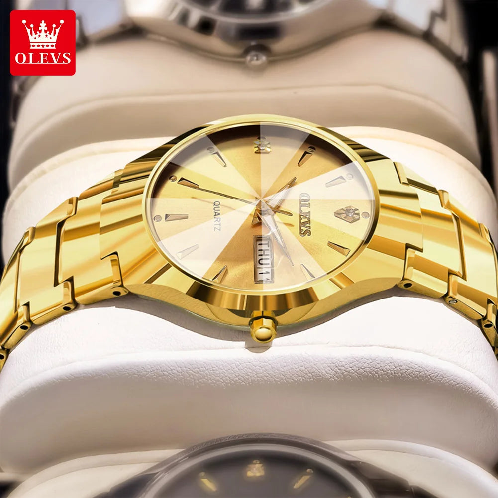 OLEVS 8697 Herrenuhr Top Marke Luxus Dual-Kalender Quarzuhr für Herren Rhombus-Spiegel Wolframstahlarmband Herren-Armbanduhr