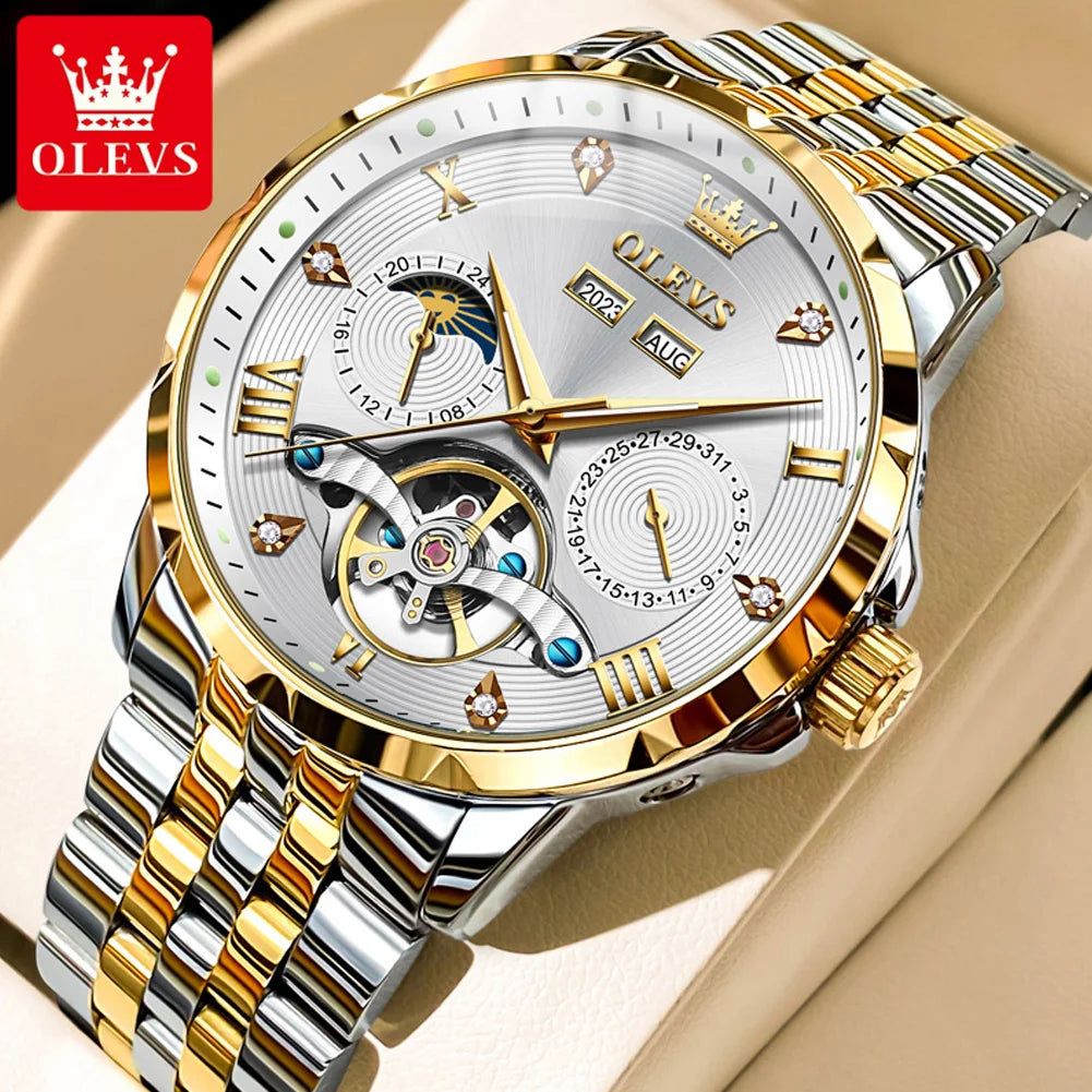 OLEVS 6691 Herrenuhren Luxus Römische Skala Mechanische Uhr für Herren Moonswatch Hohl Schwungrad Kalender Wasserdichte Armbanduhr