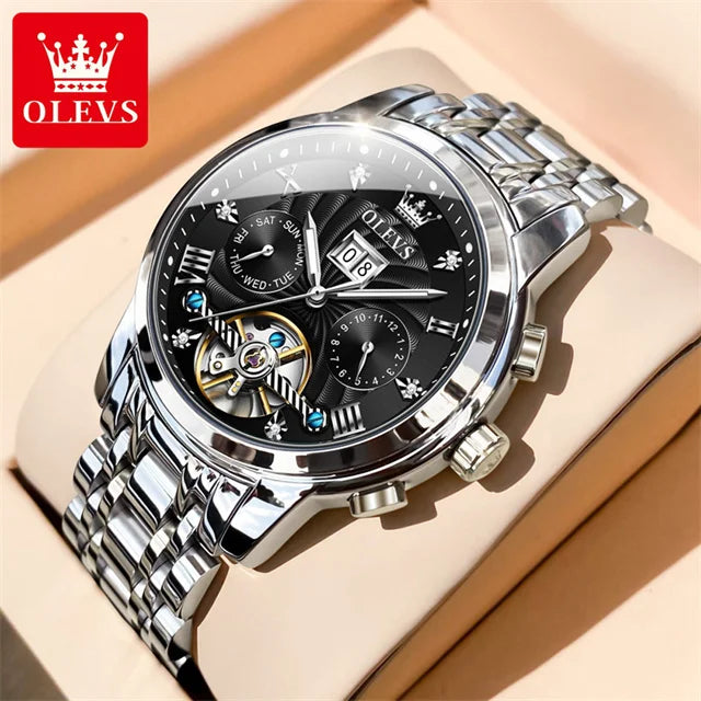 OLEVS 9910 Automatikuhr für Herren, mechanische Herrenarmbanduhr, luxuriöse Skelettuhr aus Edelstahl, wasserdicht, Original Herrenuhr