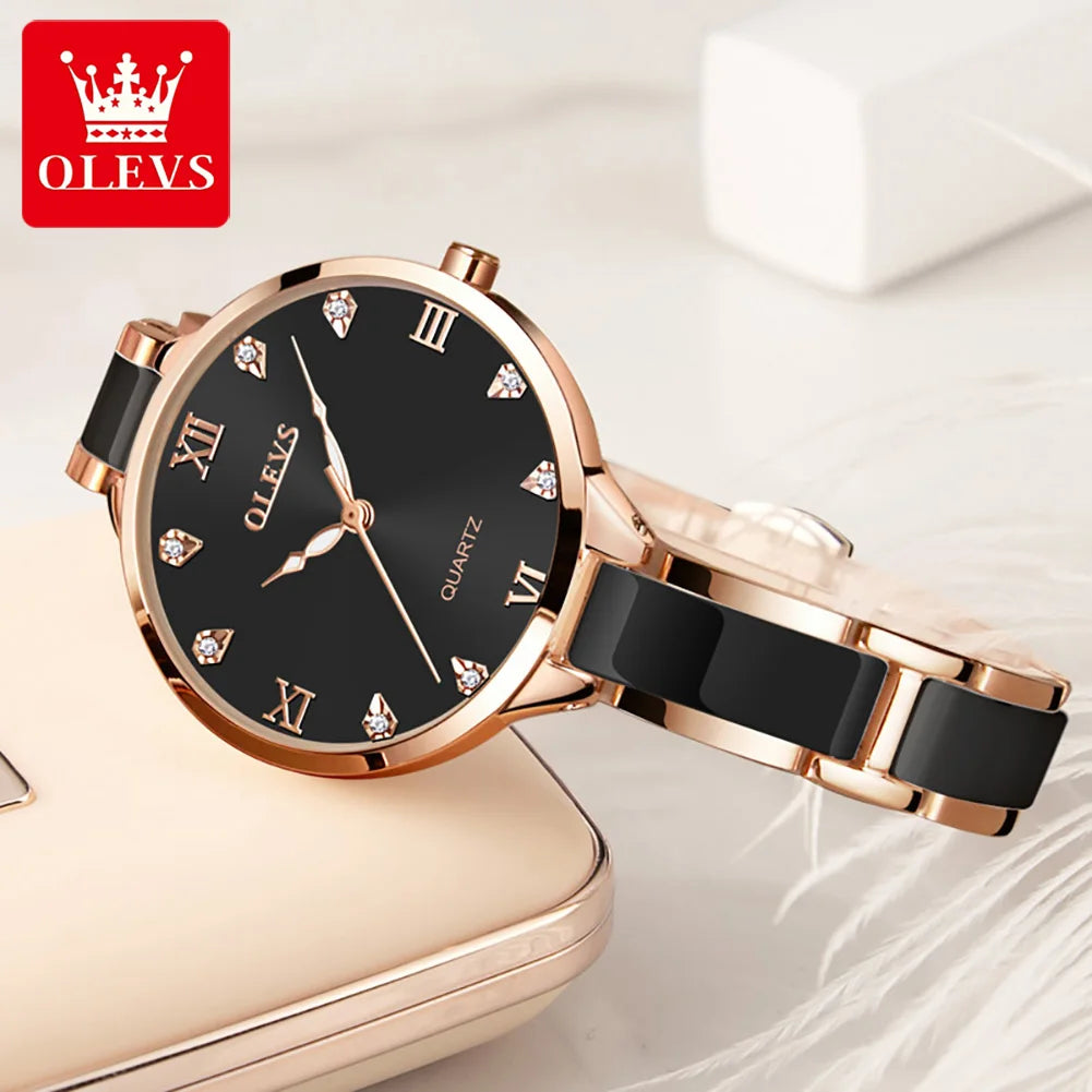 OLEVS 5872 Damenarmbanduhr Mode Elegante Quarzuhr für Frauen Keramik-Edelstahlarmband Wasserdichte Damenuhr Reloj
