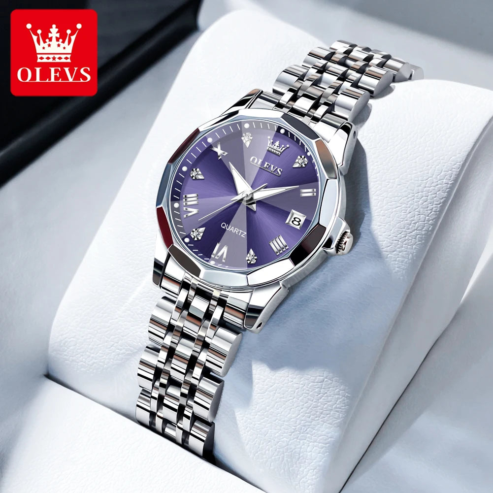 OLEVS 9931 Original Quarzuhren für Damen, Rauten-Spiegel, wasserdicht, leuchtend, Edelstahl-Armbanduhren, Kalender, Neu