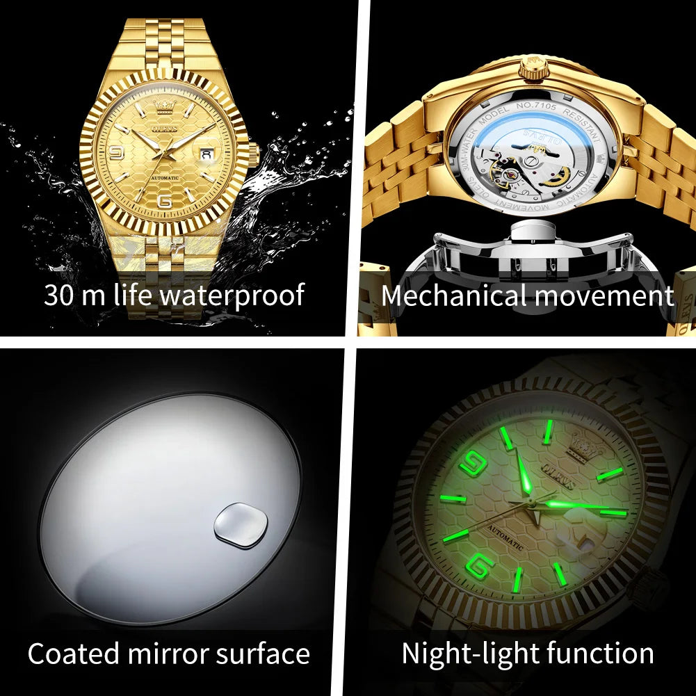 OLEVS 7105 Mens Watch Original Luxury Automatic Mechanical Watches Stainless Steel Waterproof Luminous Date Watches Gifts Box