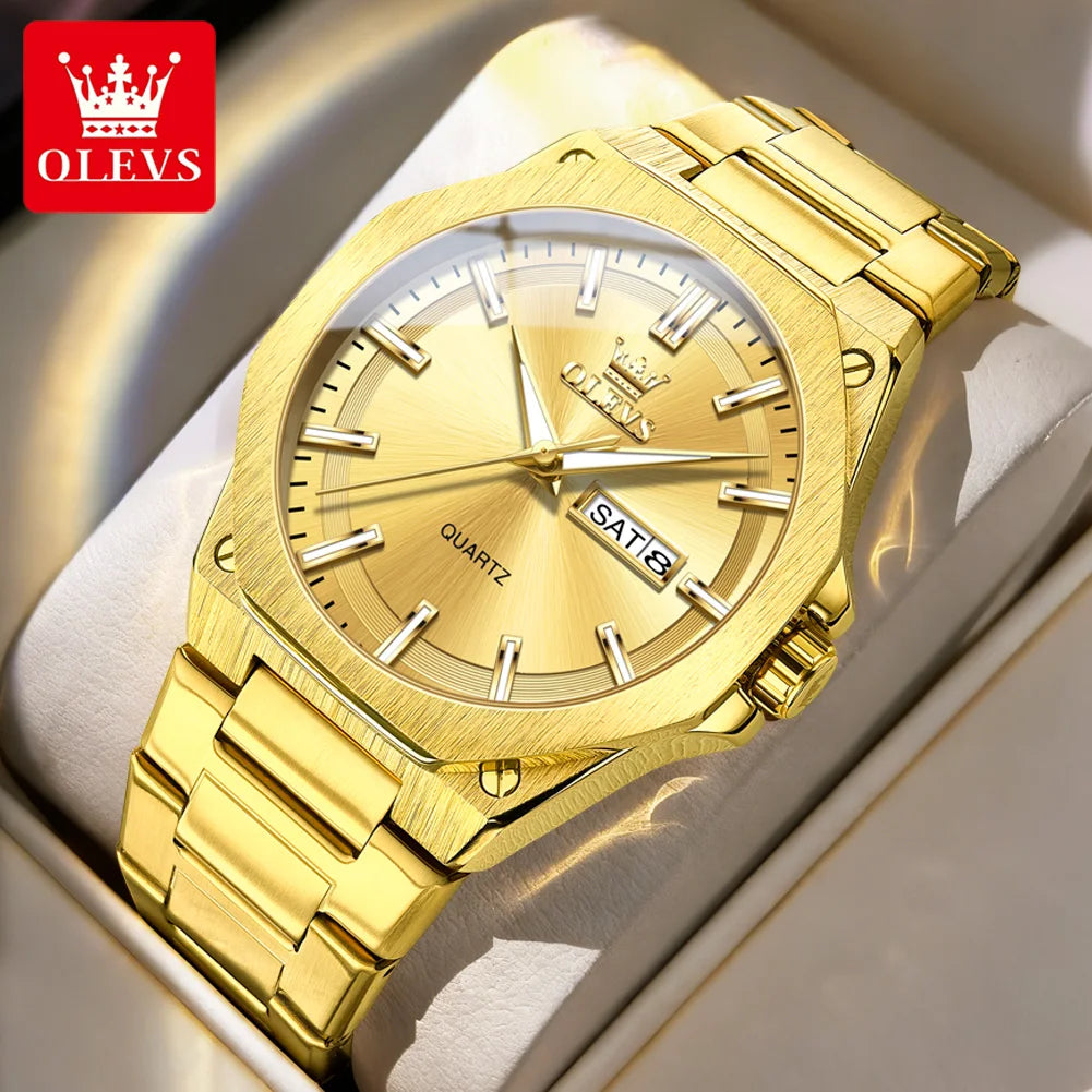 OLEVS Herrenuhren Quarzuhren Wasserdicht Leuchtend Wochentag Datum Edelstahl Luxus-Goldarmbanduhren Für Herren Reloj 3733