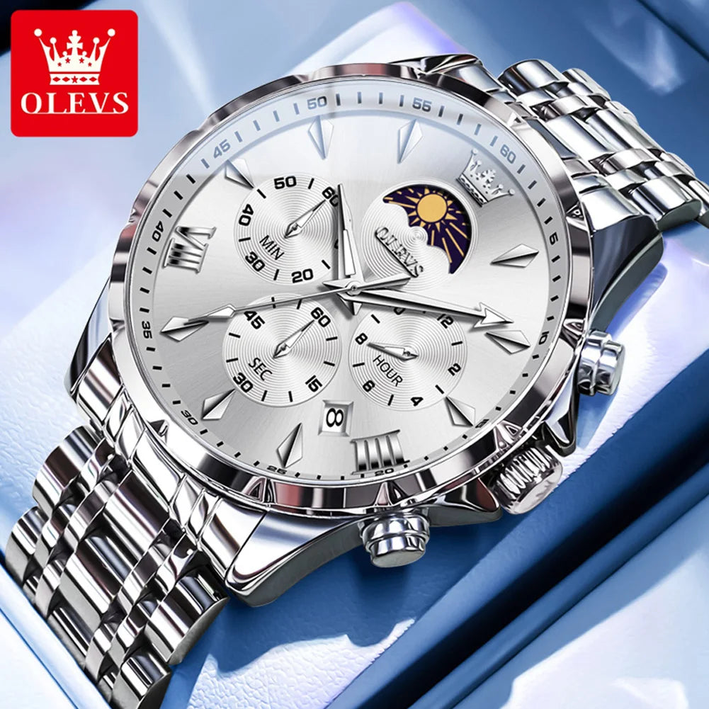 OLEVS 3653 Watch For Men Original Chronograph Quartz Male Hand Clock Steel Strap Moon Phase Date Waterproof Top Brand Man Watch