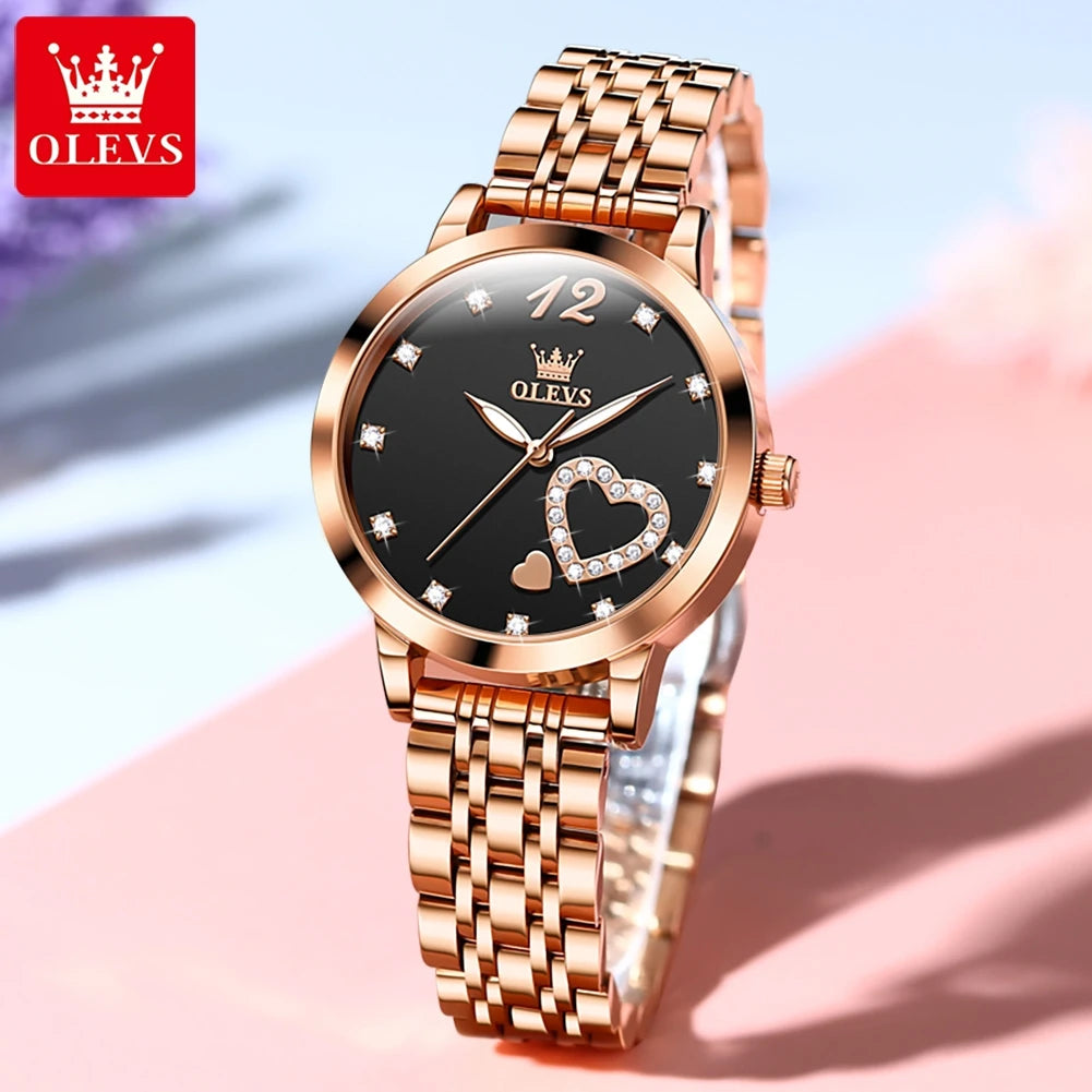 OLEVS 5189 Damenuhren Luxus Wasserdichte Quarzuhr für Damen Leuchtende Edelstahl Herzform Einfaches Zifferblatt Zeiger Uhr