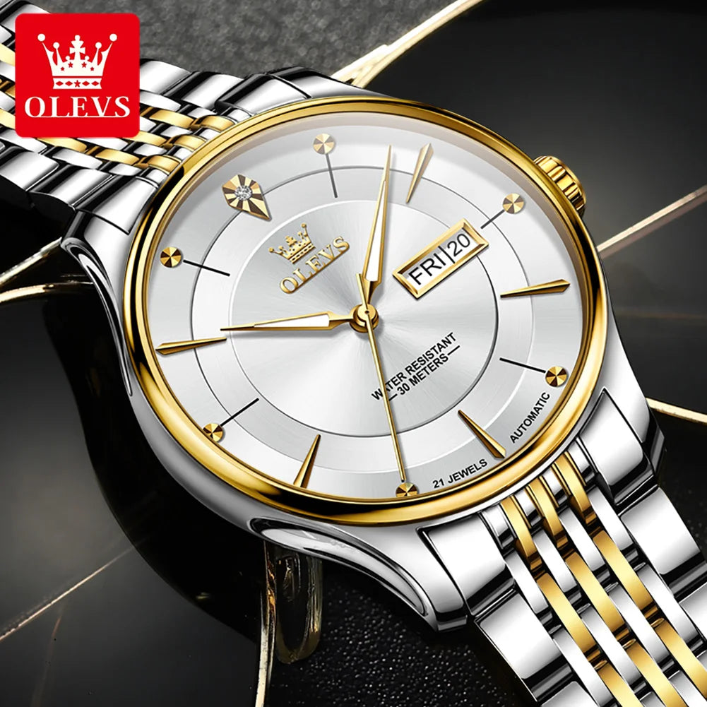 OLEVS 9927 Automatikuhr für Herren Luxus-Doppelkalender Original Mechanische Anzuguhr Wasserdicht Leuchtend Herrenuhren