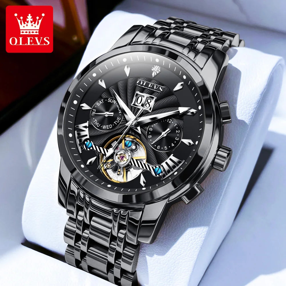 OLEVS 9965 Automatikuhr für Herren, Skelett, Schwungrad, wasserdicht, Herrenuhren, Wochenkalender, Luxus-Herren-Mechanik-Armbanduhr