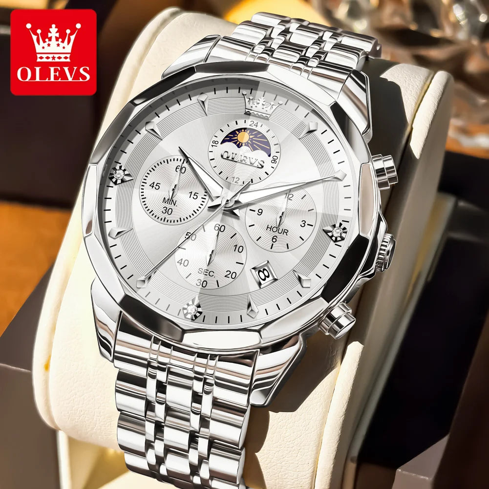 OLEVS 3673 Man Watch Fashion Chronograph Quartz Watch For Men 43mm Big Dial Moon Phase Calendar Waterproof Original Hand Clock