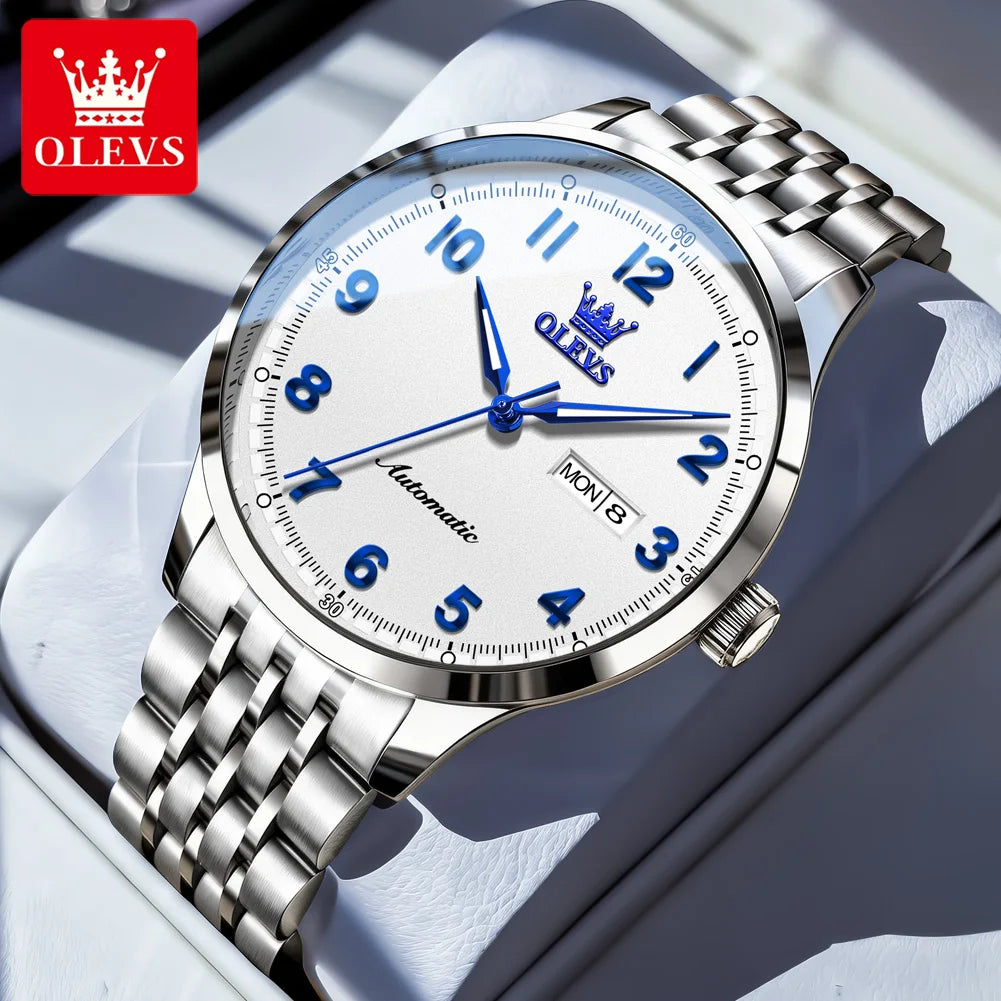 OLEVS Herren Luxus Mechanische Armbanduhren für Herren Wasserdichte Leuchtende Dual-Kalender Uhren Edelstahl-Uhr 7100