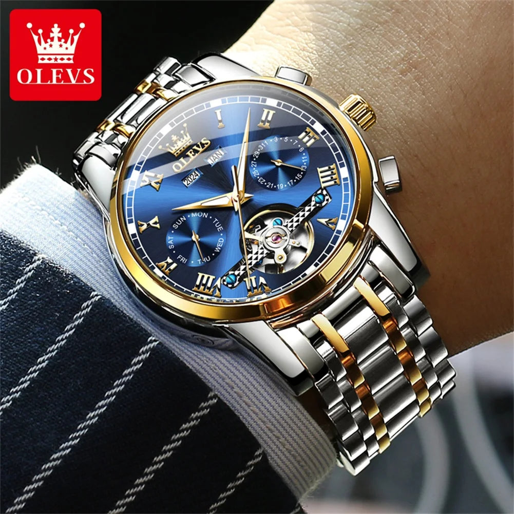 OLEVS Uhren für Herren Luxus-Edelstahl-Schwungrad-Automatik-Uhr Handuhr Woche Datum Wasserdicht Leuchtende Herrenuhr 6607