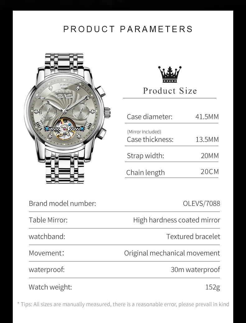 OLEVS 7088 Herrenuhr Mode Kalender Mechanische Uhr für Herren Original Hohl-Stahlarmband Business Armbanduhr Tief Wasserdicht