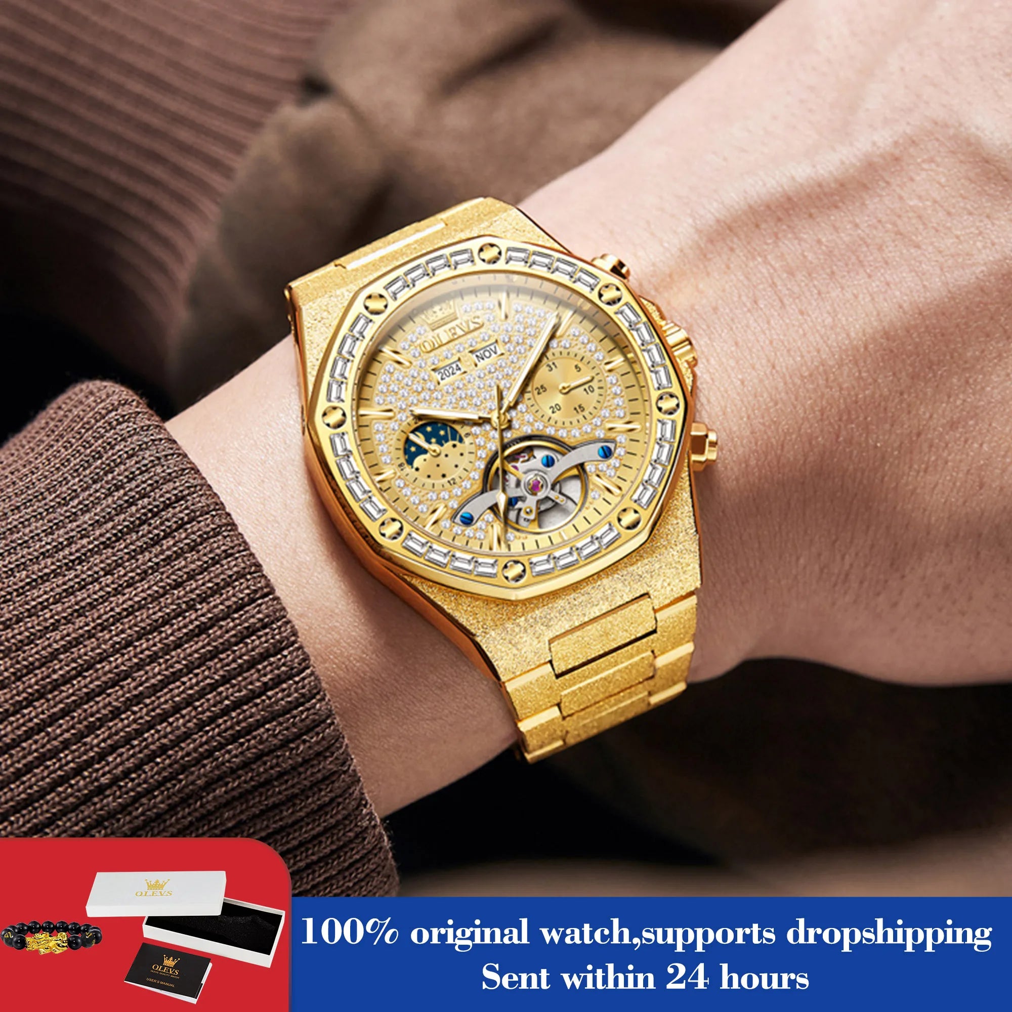 OLEVS 9805 Herrenuhr Luxus Klassische Hohl Skelett Diamant Wasserdichte Herren Handuhr Mondphase Datum Mechanische Uhr Für Männer