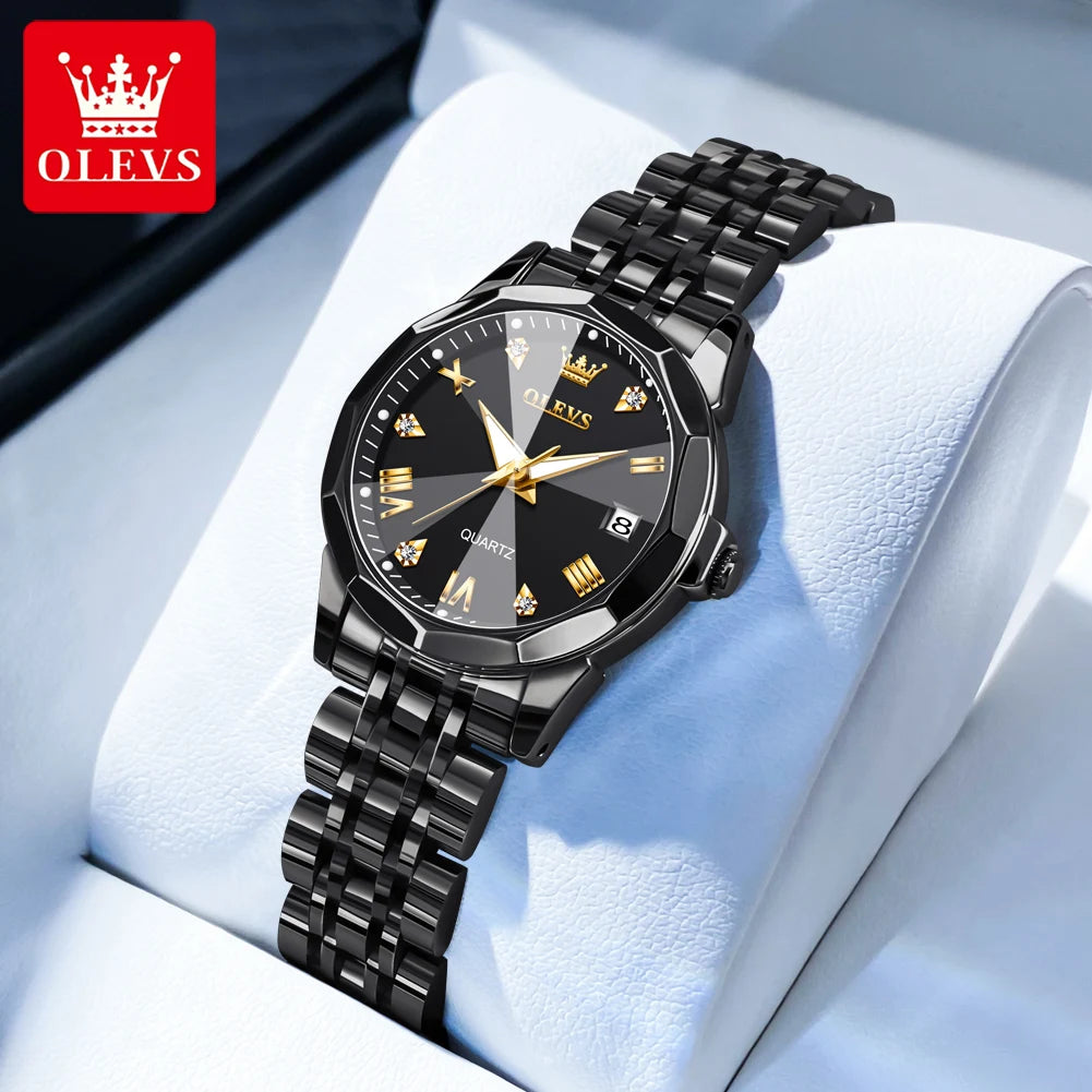 OLEVS 9931 Original Quarzuhren für Damen, Rauten-Spiegel, wasserdicht, leuchtend, Edelstahl-Armbanduhren, Kalender, Neu