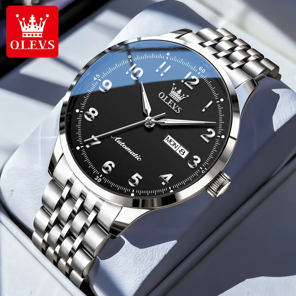 OLEVS Herren Luxus Mechanische Armbanduhren für Herren Wasserdichte Leuchtende Dual-Kalender Uhren Edelstahl-Uhr 7100