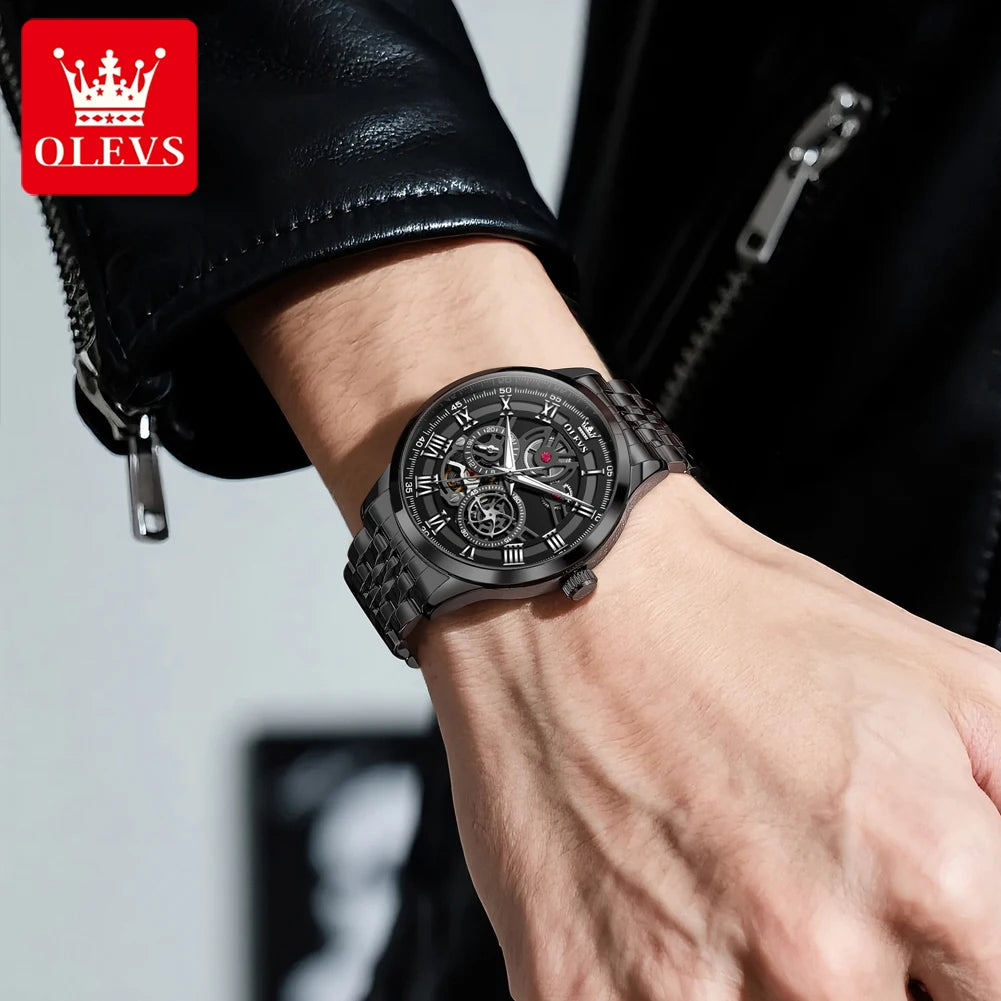OLEVS 7076 Herren Automatikuhr Mode Hohl Mechanische Uhr Für Herren Wasserdicht Edelstahlarmband Römische Ziffern Skala Handuhr