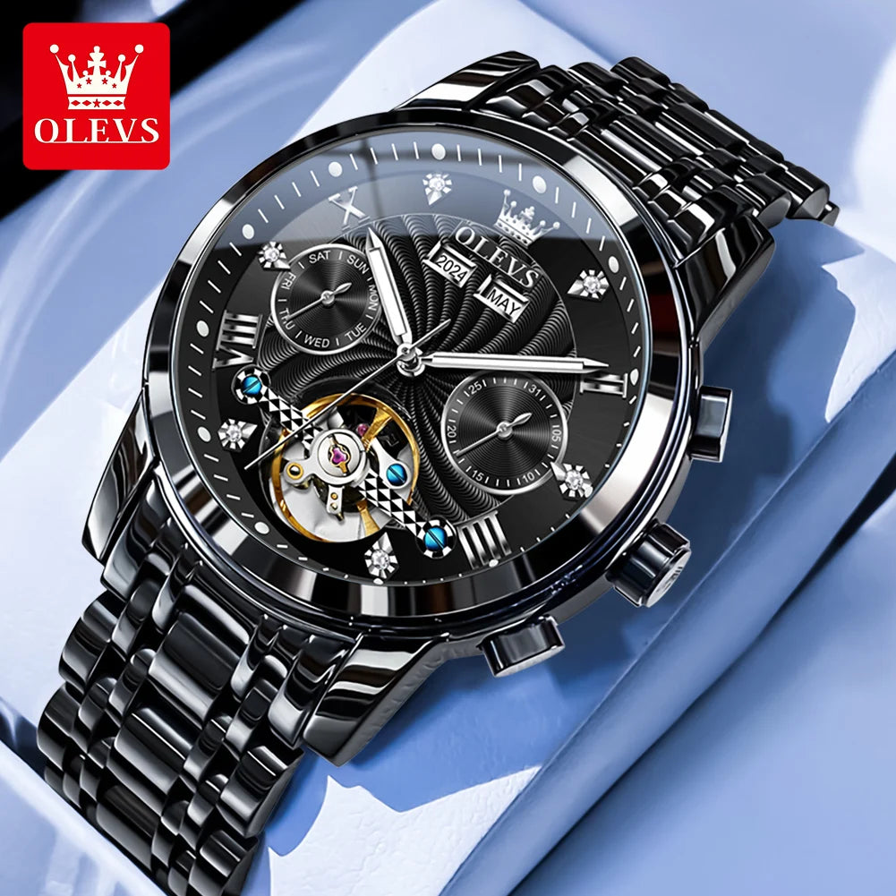 OLEVS Herrenuhr Mode Kalender Mechanische Uhr für Herren Original Hohl-Stahlarmband Business-Armbanduhr Tief wasserdicht 7088