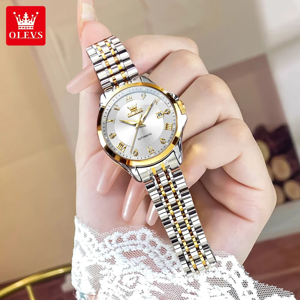 OLEVS 6702 Damenuhr Stahlarmband Automatische Datumsanzeige Mechanische Uhr für Damen Römische Skala Luxus Leuchtend Wasserdicht Damenuhr