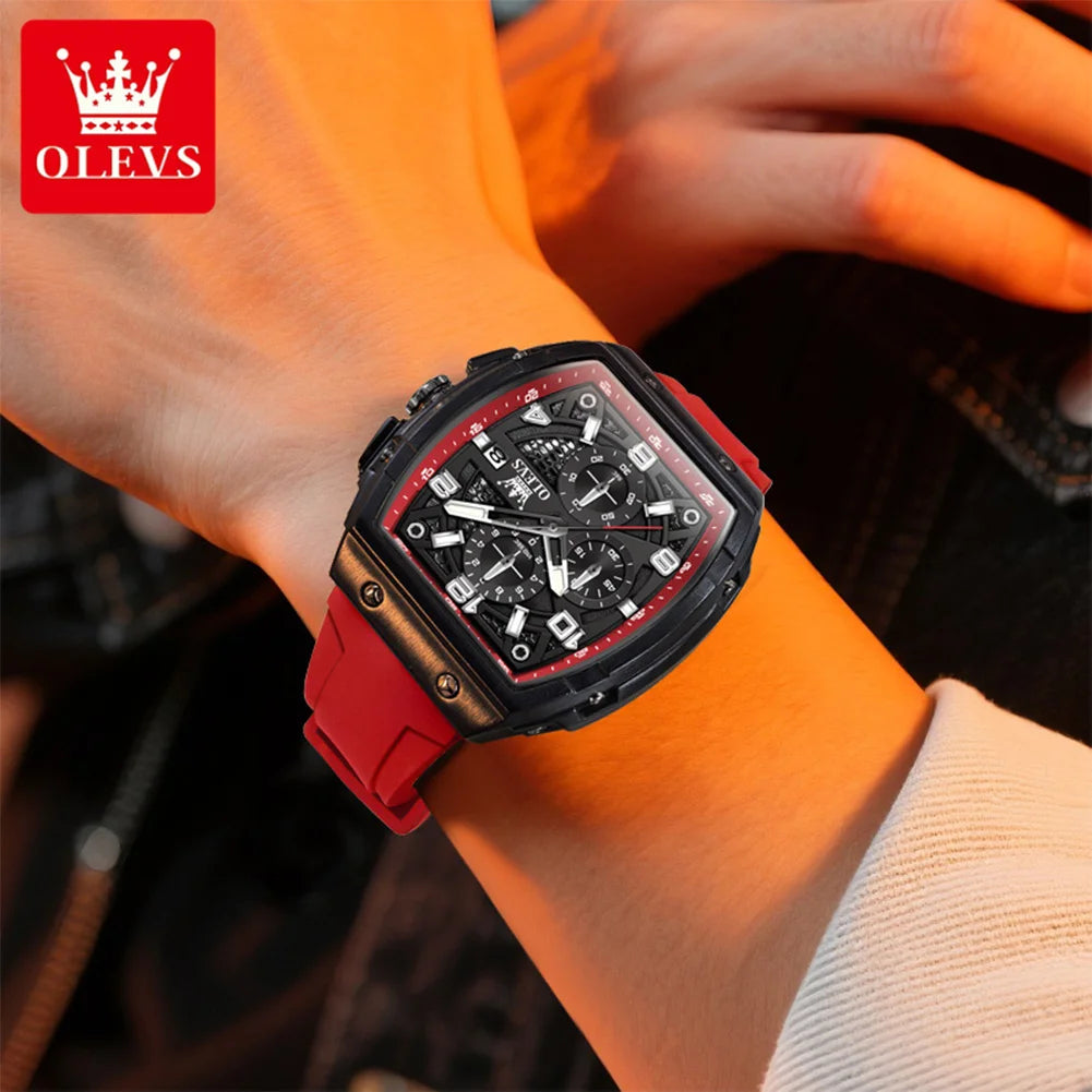OLEVS 2976 Herrenuhr Chronograph Datum Quarzuhr für Herren Ziffernskala Tonneau Großes Zifferblatt Wasserdichtes Silikonarmband Armbanduhr