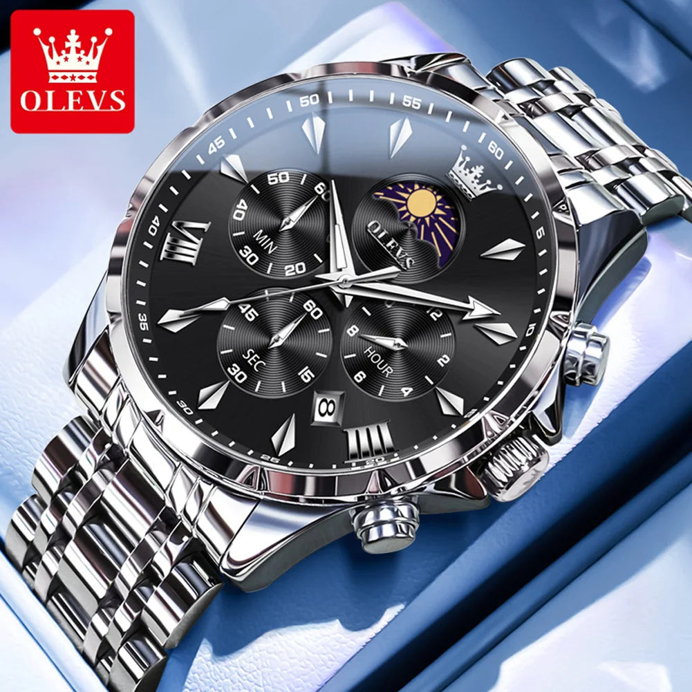 OLEVS 3653 Watch For Men Original Chronograph Quartz Male Hand Clock Steel Strap Moon Phase Date Waterproof Top Brand Man Watch