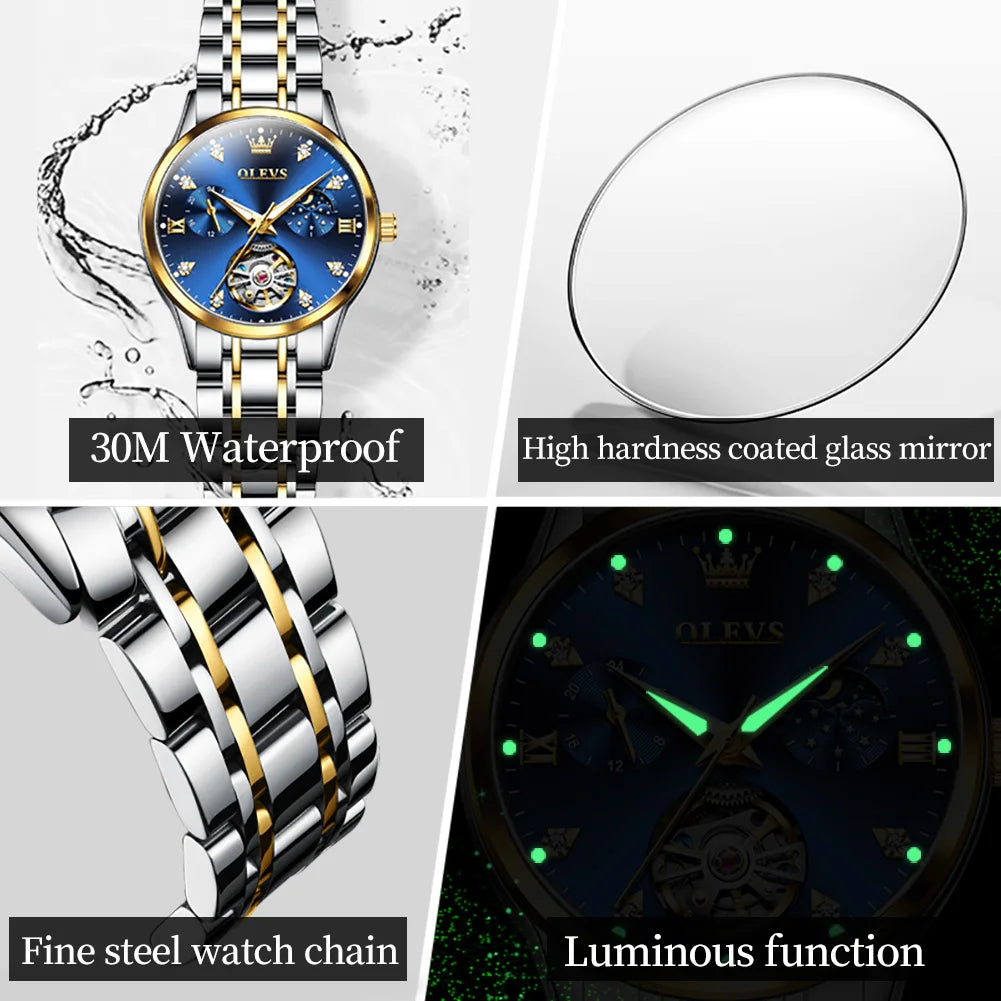 OLEVS Automatic Mechanical Watches For Women Waterproof Luminous Moon Phase Hand Clock Original Luxury Women's Watches 6608