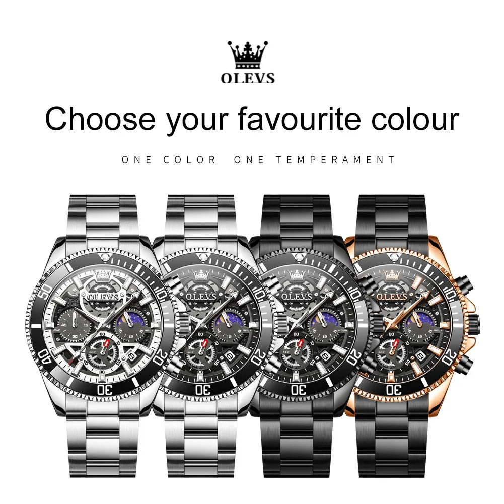 OLEVS 2990 Neue Taucheruhr Quarz Herrenuhr Chronograph Mondphase Wasserdicht Leuchtende Edelstahlarmband Sportuhren für Herren