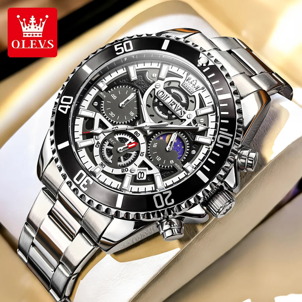 OLEVS 2990 Neue Taucheruhr Quarz Herrenuhr Chronograph Mondphase Wasserdicht Leuchtende Edelstahlarmband Sportuhren für Herren