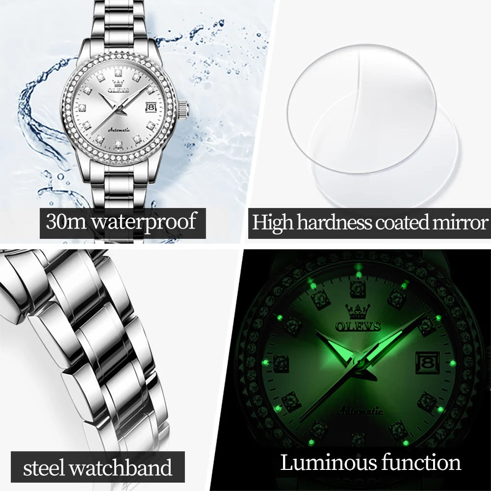 OLEVS 7003 Damen Automatikuhr Diamant-Skala Mechanische Uhr für Damen Stahlarmband Luxus Datum Damenuhr Wasserdicht