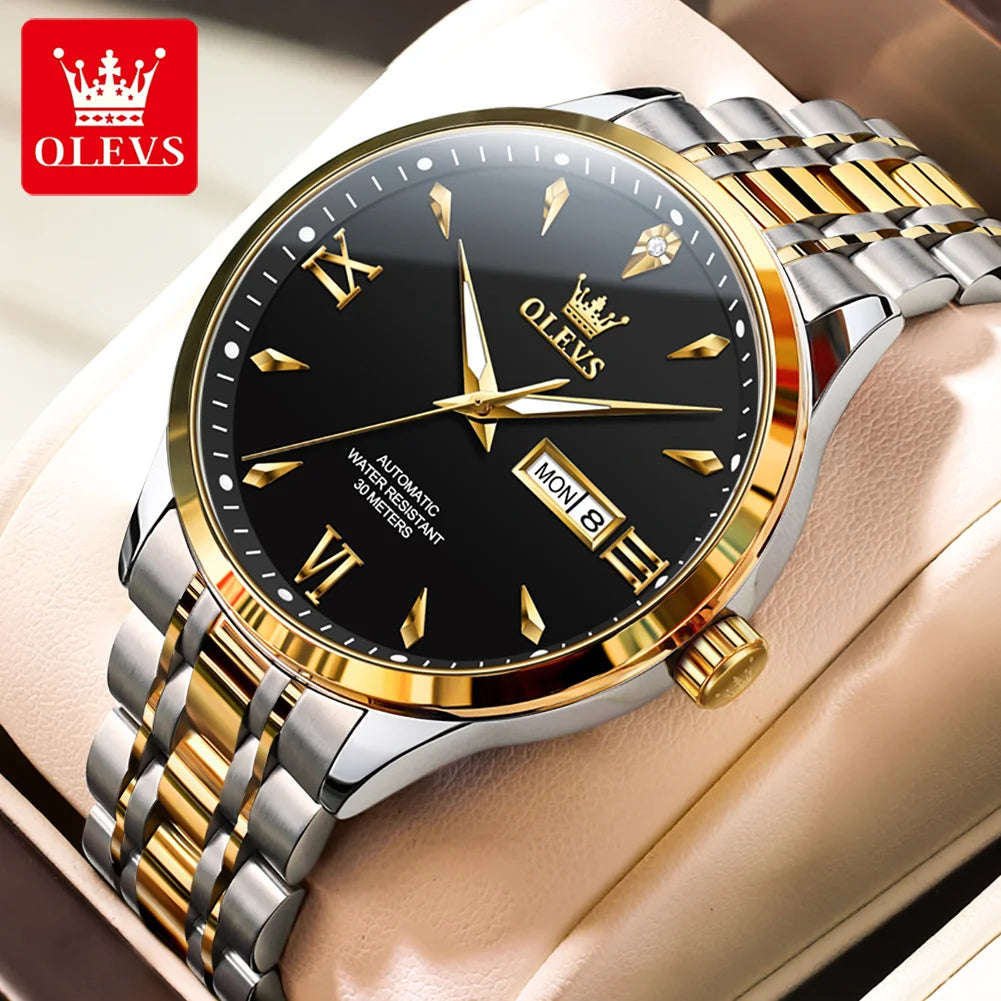 OLEVS 9956 Herrenuhr Stahlarmband Luxus Automatikuhr für Herren Original Mode Wasserdicht Mechanische Uhr Doppelkalender