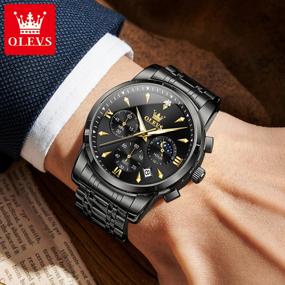 OLEVS 3639 Luxus Herrenuhr Top Marke Mondphase Chronograph Quarzuhr für Herren Automatisches Datum Mode Wasserdicht Herrenuhr