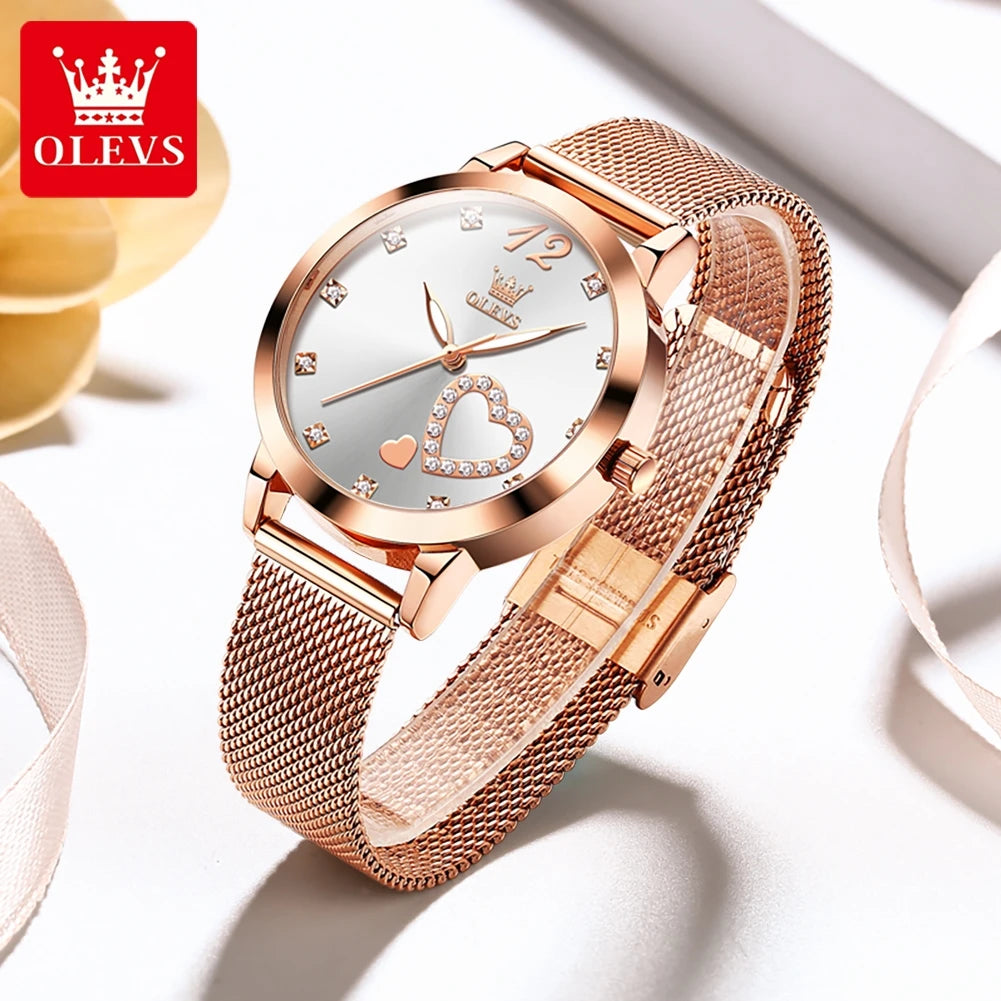 OLEVS 5189 Damenuhr Luxus Ultr dünne Quarzuhr Damen Mesh-Stahlarmband Herzförmiges Zifferblatt Wasserdichte Damenuhr