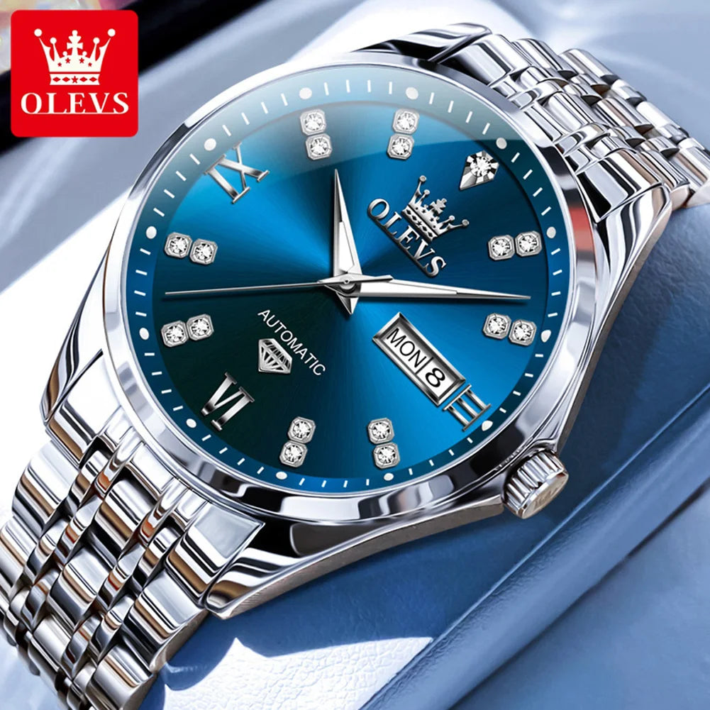 OLEVS 9801 Herrenuhr Wasserdicht Dual Kalender Luxus Mechanische Uhr Für Männer Diamant Zifferblatt Edelstahl Automatische Armbanduhr