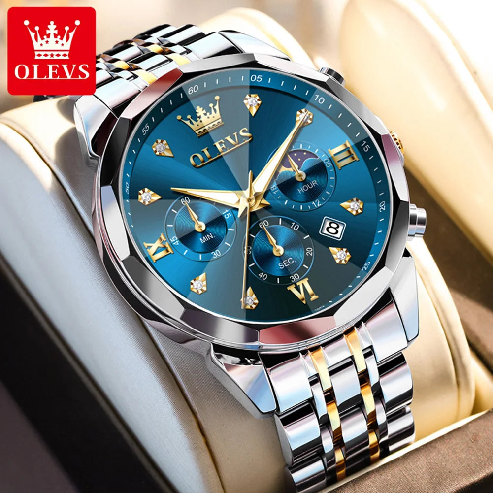 OLEVS 3670 Men's Watch Fashion Date Moon Phase Luminous Quartz Watch For Men Luxury Chronograph Waterproof Business Hand Clock
