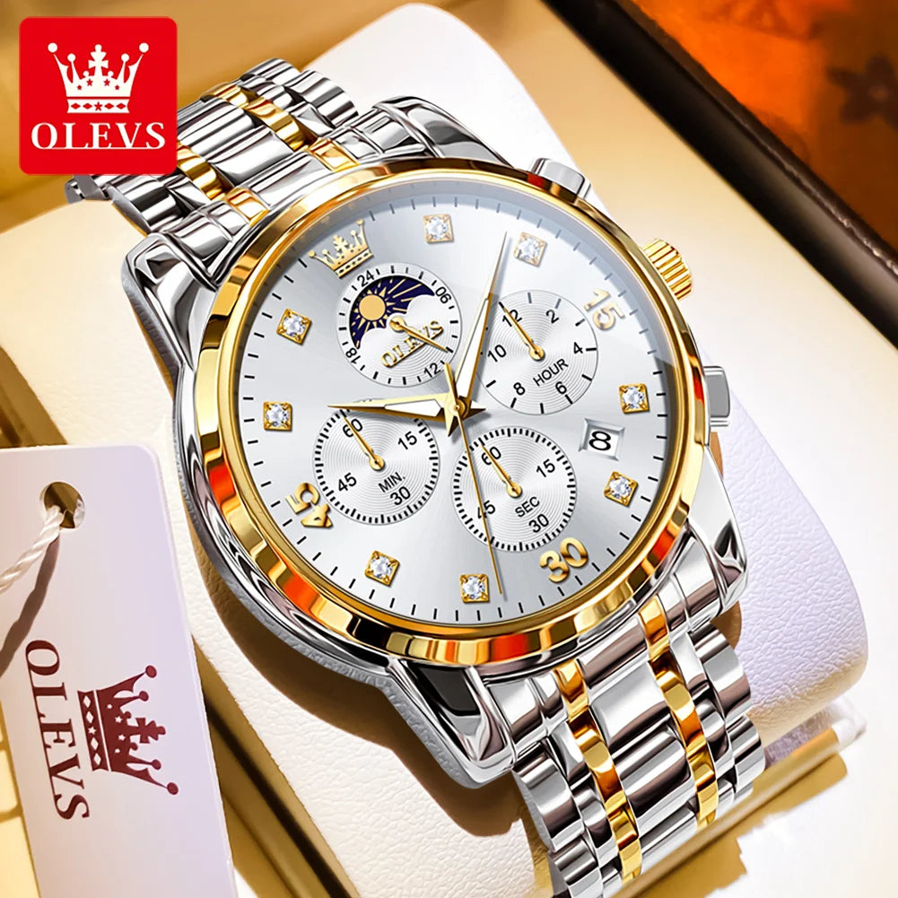OLEVS 3652 Herrenuhr Ziffernskala Quarzuhr für Herren Chronograph Mondphase Datum Luxus Wasserdicht Leuchtende Herrenarmbanduhr