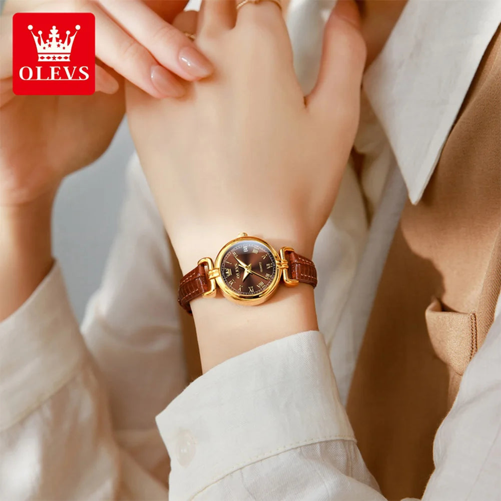 OLEVS 5645 Damenuhr Lederarmband Datum Quarzuhr für Damen Hochfeste Spiegelskala im römischen Stil Mode Damenuhr