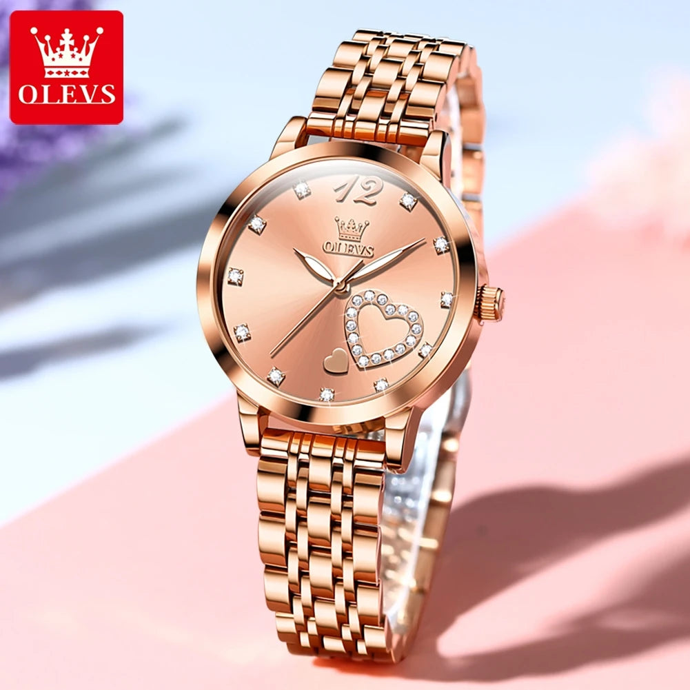 OLEVS 5189 Damenuhren Luxus Wasserdichte Quarzuhr für Damen Leuchtende Edelstahl Herzform Einfaches Zifferblatt Zeiger Uhr